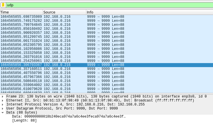 Wireshark Capture of UDP Packets